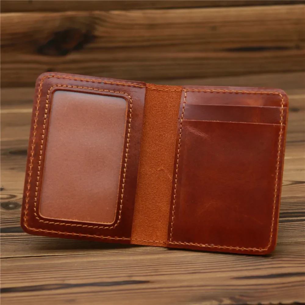 Porte-cartes en cuir marron vintage pour hommes, porte-cartes de crédit, cuir de vache ciré, conception simple, 2 mini pinces à billets pliées