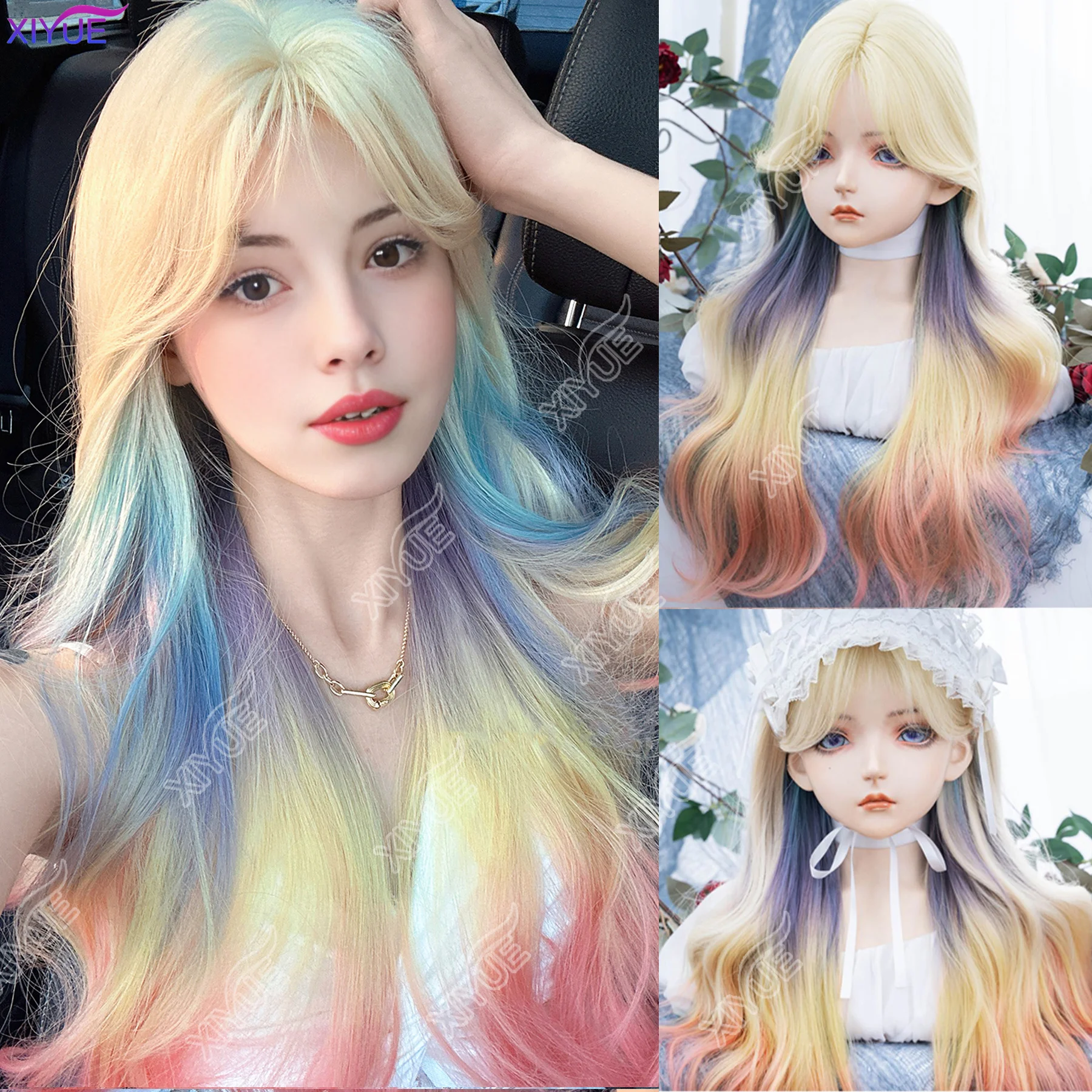 

26Inch Dopamine Girl Style Blonde Mix Multicolour Synthetic Wigs Middle Part Long Wavy Hair Wig For Women Cosplay Heat Resistant