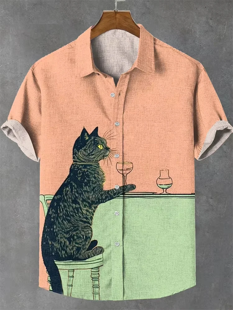 Men's Summer Retro Cartoon Cat-Themed Short-Sleeve Shirt Hawaiian Shirt Fashionable Casual Vacation Street Style Men's Shirt