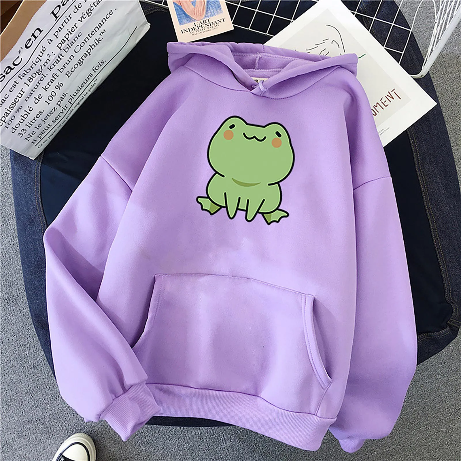 Women Cute Frog Print Hoodie Ladies Candy Colored Long Sleeved Fleece Hooded Student Loose and Casual Top