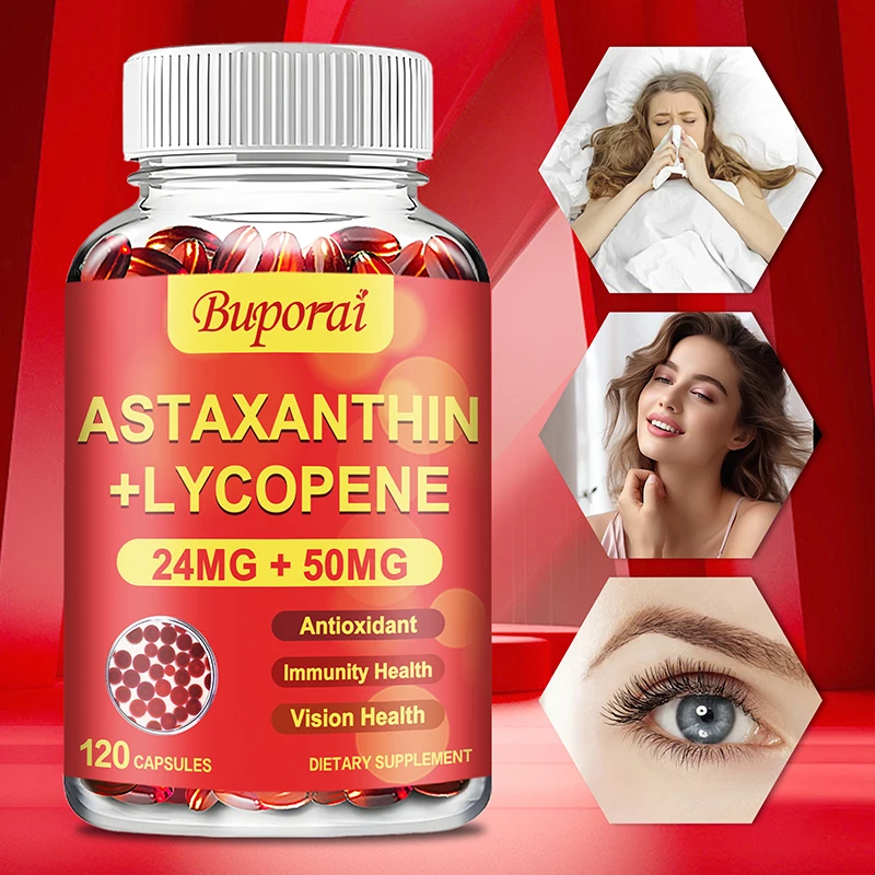 

Astaxanthin + Lycopene Capsules - Supports Skin, Eye, Joint Health, Enhances Immune Function, Improves Energy, Antioxidant