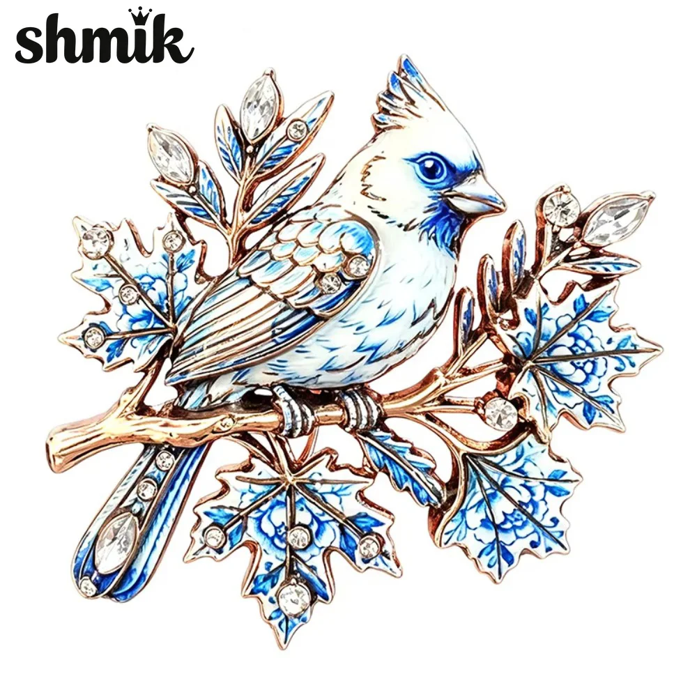 Retro Bird Enamel Brooch, Rhinestone Cardinal Lapel Pin, Maple Leaf Corsage, Women Vintage Jewelry for Coat Scarf Gift