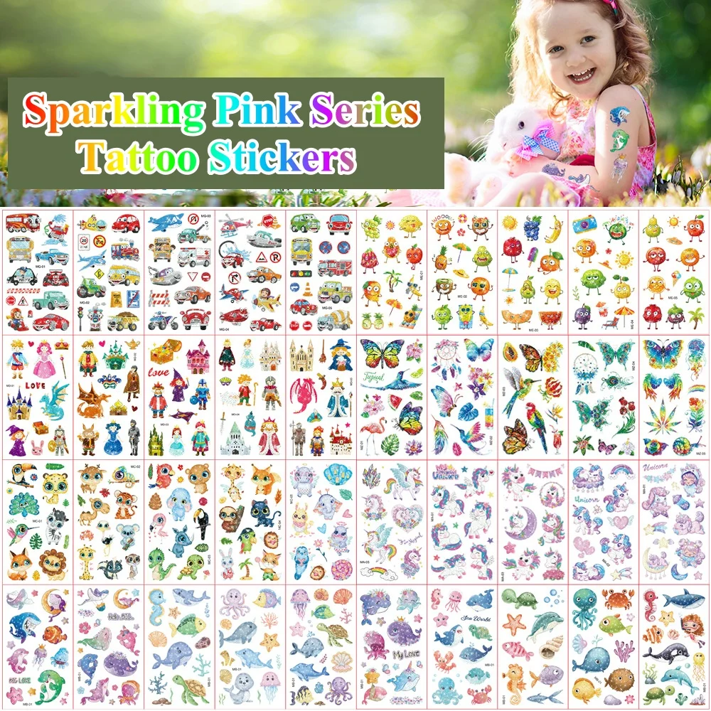 10pcs/lot Glitter Temporary Tattoo for Kids Girls Mermaid Fairy Fruit Waterproof Fake Tatoo Hand Face Wrist Birthday Party Favor