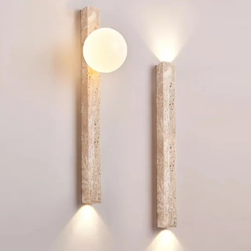 lampada de parede minimalista long strip wabi sabi creme estilo living cabeceira do quarto pedra caverna feijao magico travertone escada 01