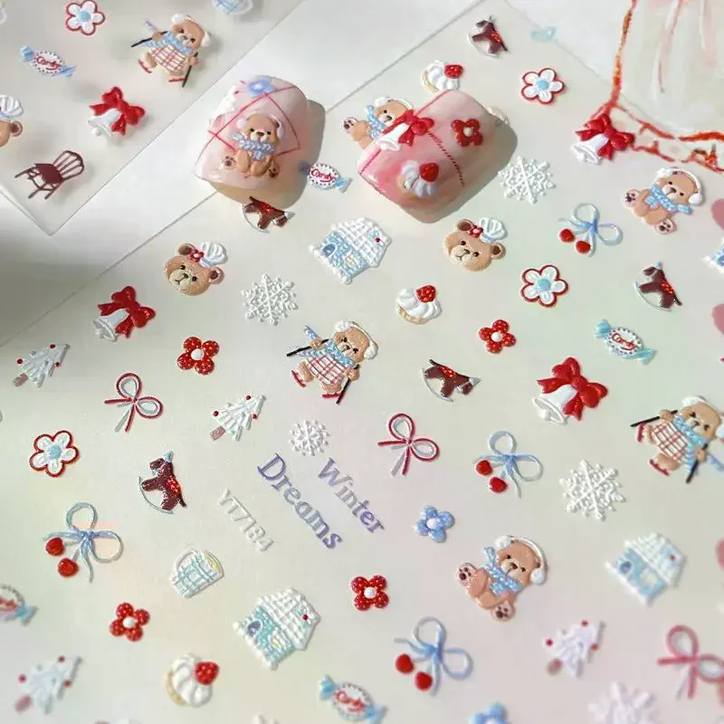크리스마스 눈송이 네일 아트 스티커 만화 겨울 곰 데칼 DIY 새해 액세서리 네일 아트 장식 매니큐어 용품