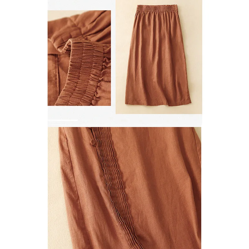 الصيف مطوي سبليت ميدي تنورة المرأة تنوعا ألف خط القطن الكتان تنورة السببية زر مرونة عالية الخصر التنانير