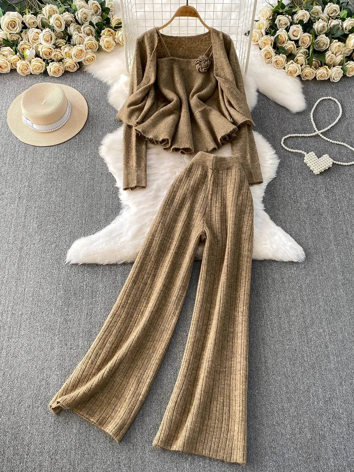 

Осень-зима, повседневный вязаный открытый кардиган, пальто + ремешок Ele + утягивающие широкие брюки с высокой талией, комплект футболок