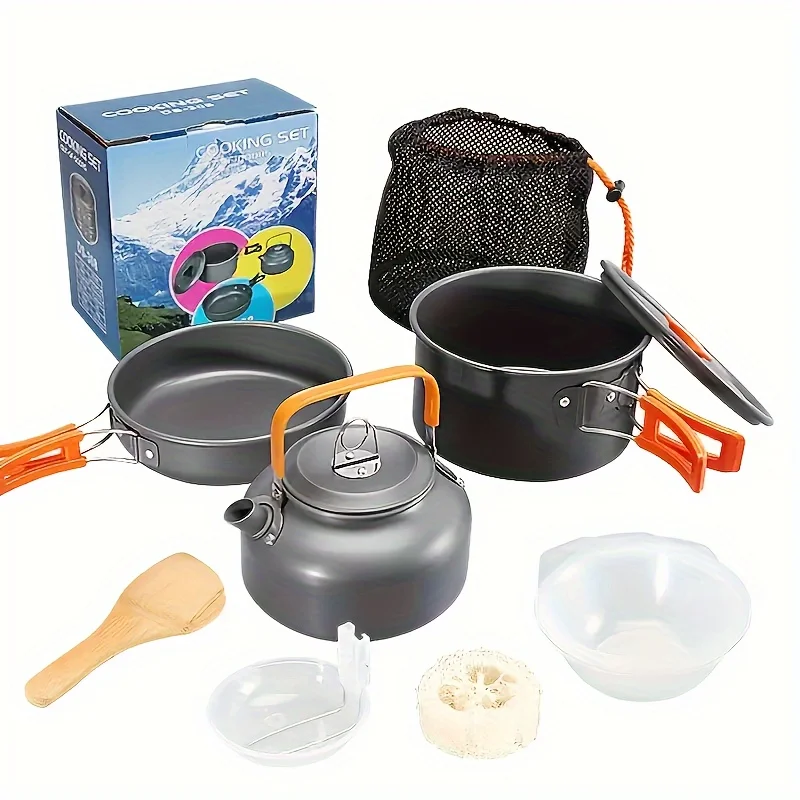 Juego de utensilios de cocina de aleación de aluminio para exteriores, ultraligero, duradero y portátil, almacenamiento de liberación rápida, olla para acampar + sartén + hervidor + cubiertos, equipo para senderismo, trekking, picnic, barbacoa, utensilios de cocina portátiles para acampar