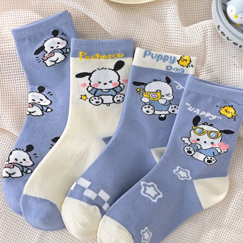 

5pair Sanrio Pochacco Cartoon socks girl's blue combed cotton mid-tube stockings cute sanrio puppy