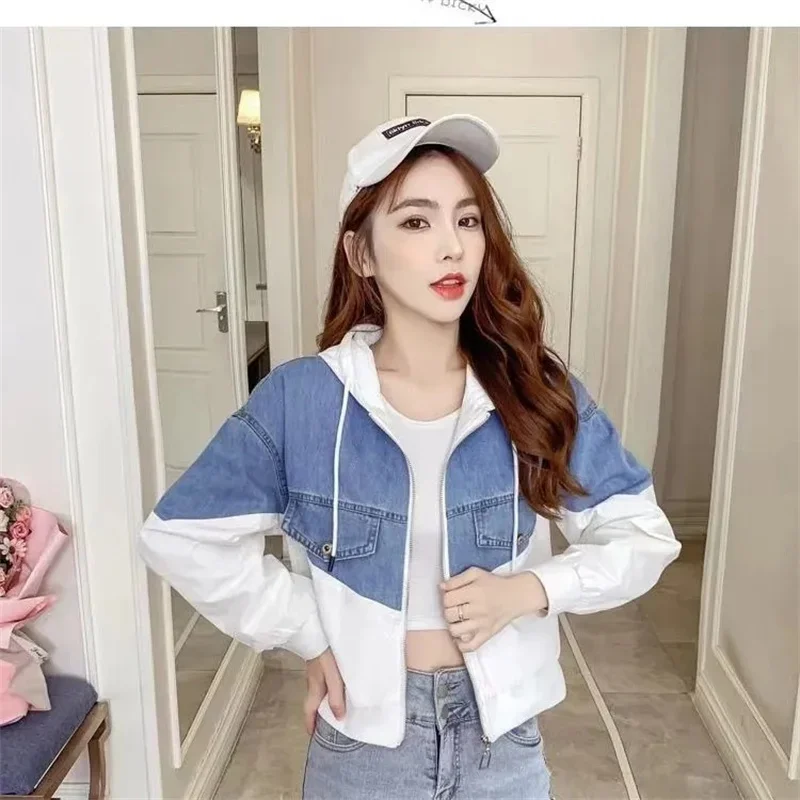 Denim Jacket Women's Hooded Spring Work Loose Fitting Jacket Women's Slim Fitting Joker Color Matching Jacket Top