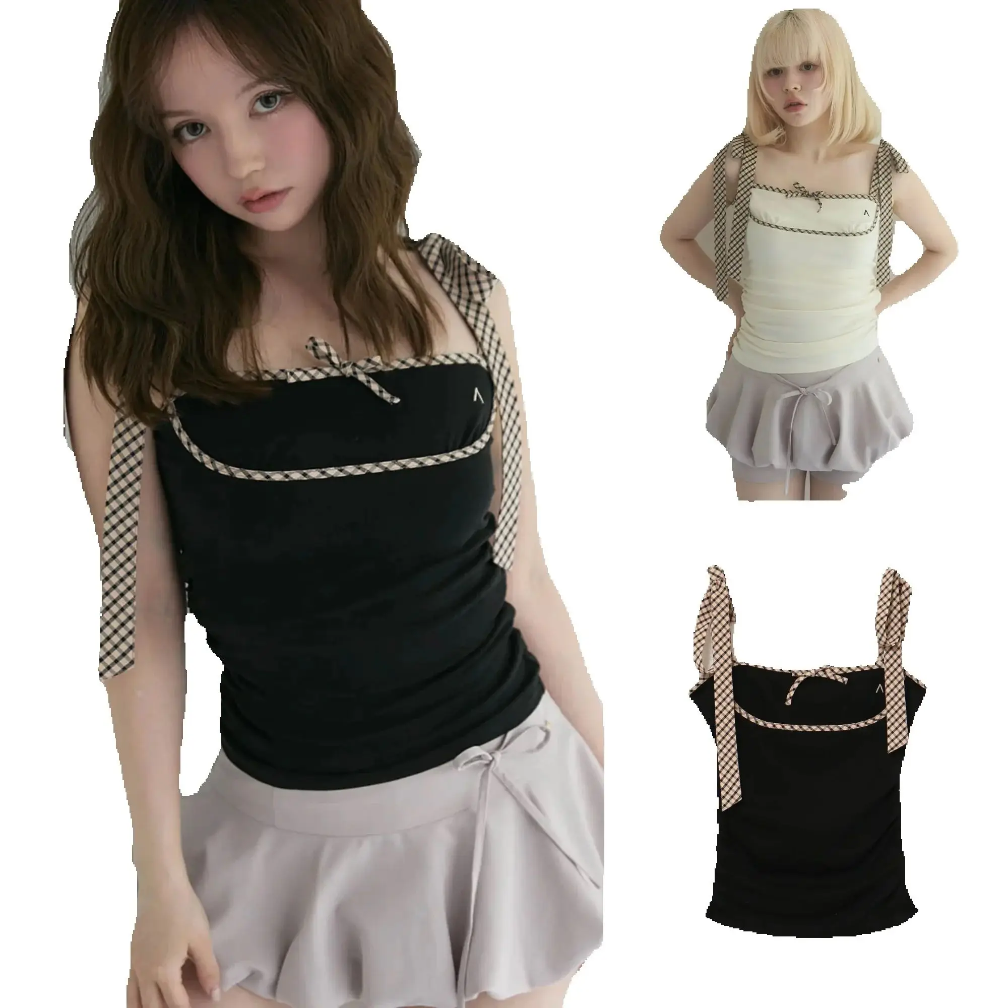 

Japanese Style Spring Summer Colorblock Bow Strap Camisole Top Hot Chick Slimming Basic Tees All-match Women Stretch Tanks Tops