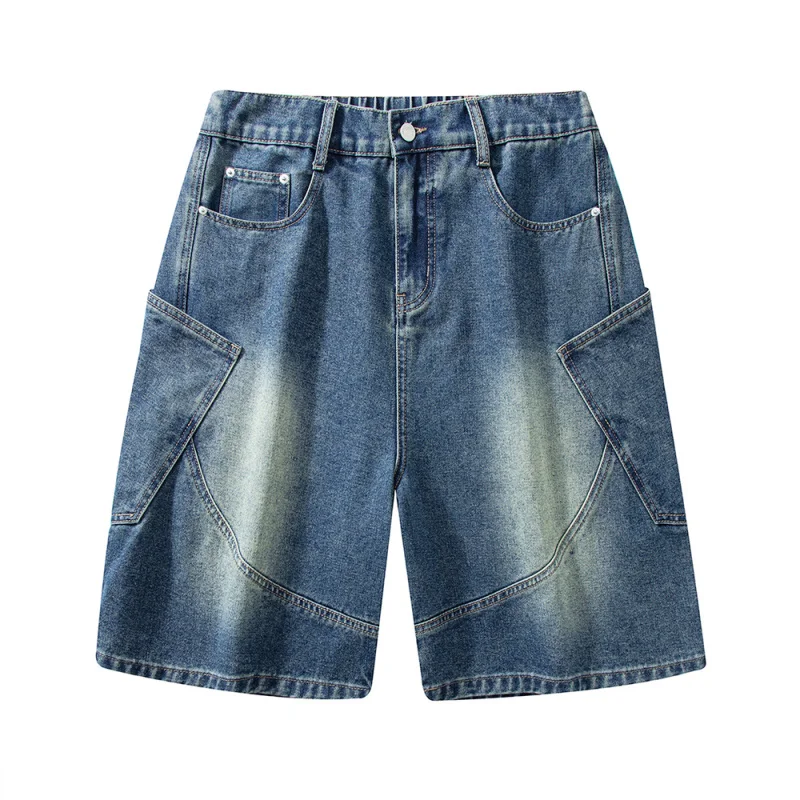 ผู้ชายหลวม Fit ขาตรงกางเกงยีนส์กางเกงขาสั้น High Street เอวยางยืด Retro ล้างสบายๆกลางความยาวสั้นกางเกง