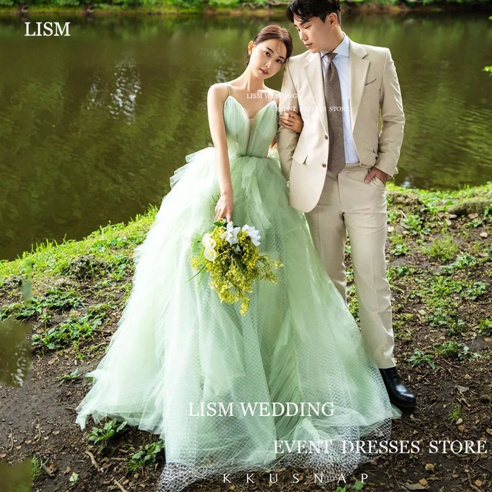 LISM Fairy Light Green Tulle Wedding Dresses Spaghetti Strap Sleeveless Sweetheart Bridal Gowns For Korean Lady Photo Shoot