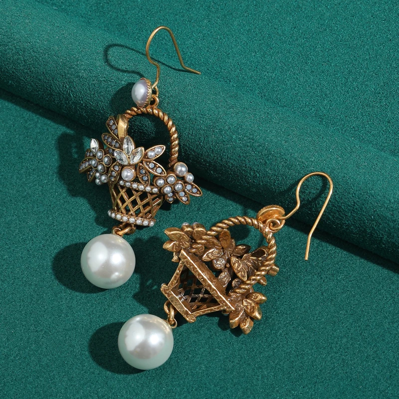 Pearl Earrings Vintage For Women Drop Flower Basket Pendant Jewelry Gold Color Luxury Accessories 2026 New Trend Girlfriend Gift