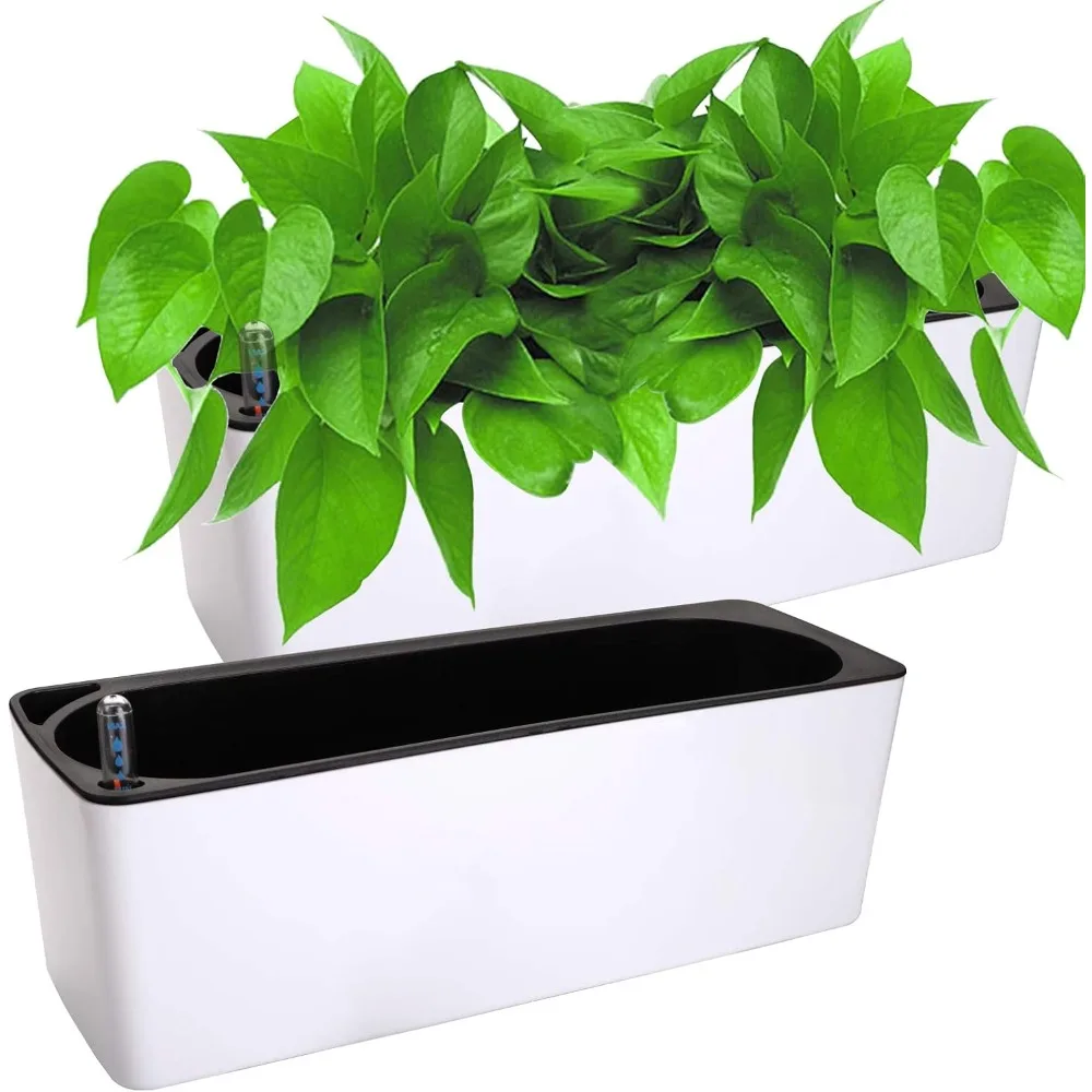 

2 Pack Rectangle Self Watering Planter with Water Level Indicator, 16x 5.5 Inch Window Gardening Box, Decorative Planter Pot