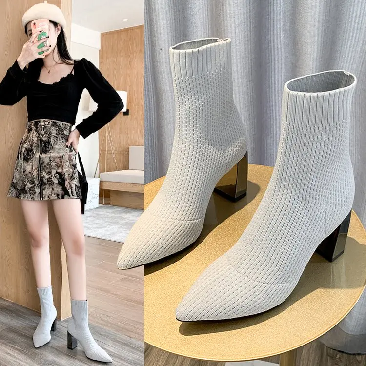 Candy Color Sock Boots Women Pointed Toe High Heels Leopard Stretch Fabric Bottes Femme Brethable Stripe Knitting Ankle Boots