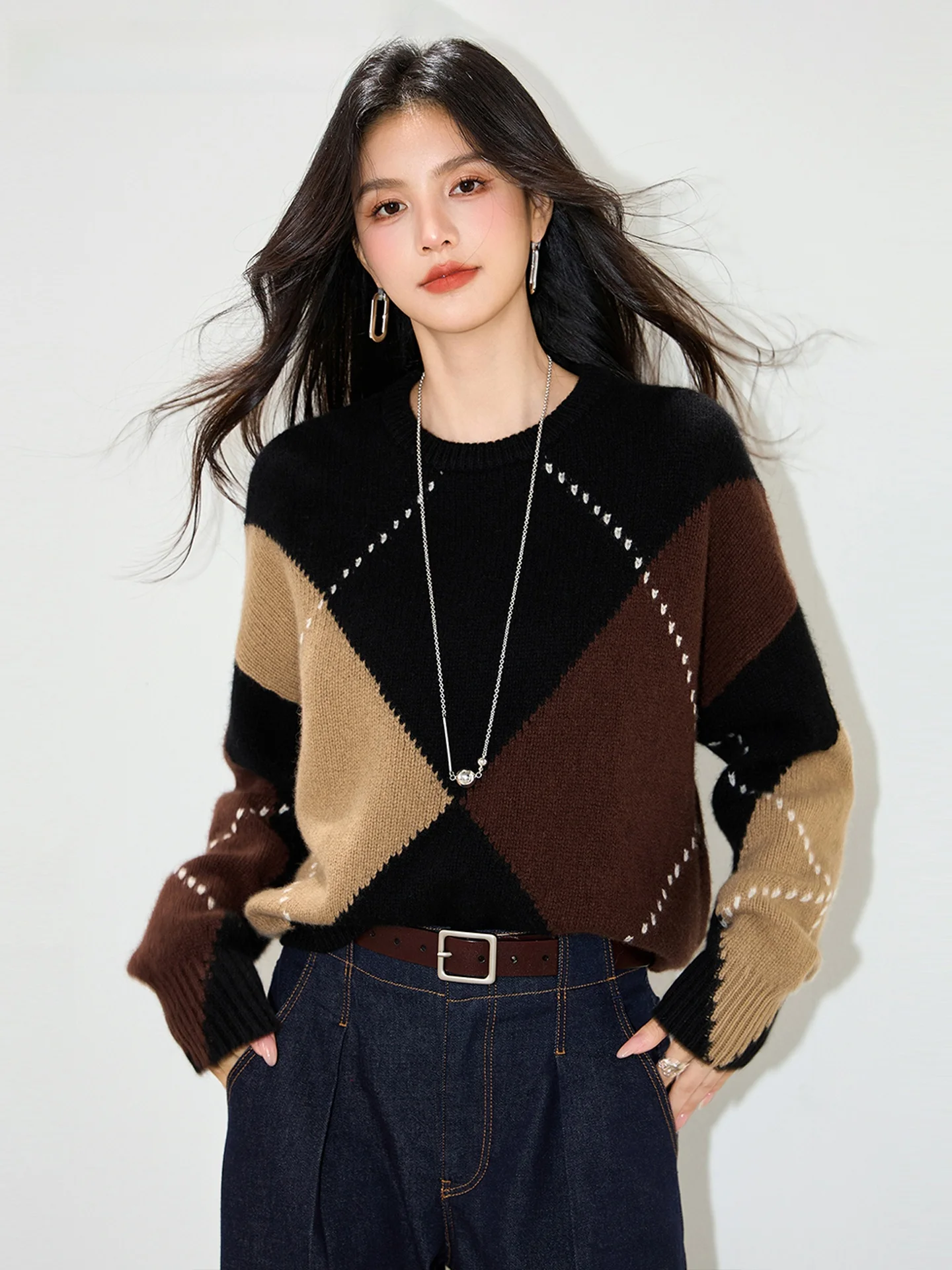 

La Chapelle round Ne Color Blo Knitwear Women's Retro Faionable Sweater Diamond id Pattern All Match Autumn New Arrival