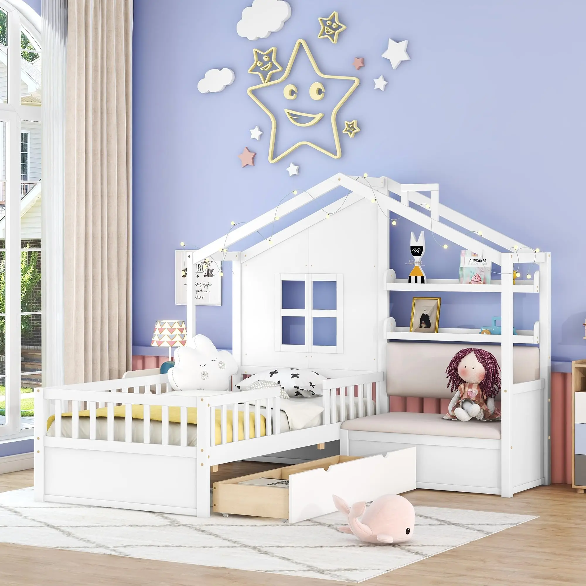 

Canada Kids Twin House Bed Frame with Drawers, Wood Montessori Bed with Storage Shelves and Tall Rails, ODM OEM Available