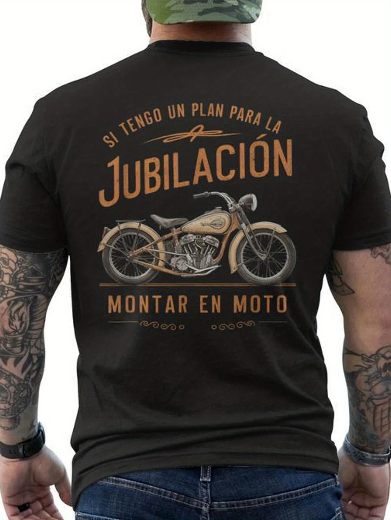 Herren-T-Shirt mit Motorradmuster – Zitat eines spanischen Motorradfahrers: Wenn ich einen Ruhestandsplan hätte, würde ich ein Motorrad fahren