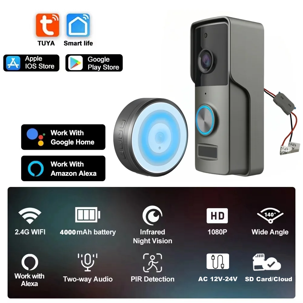 Tuya Smart WiFi Video Doorbell Camera, Sans fil, HD, 1080P, Extérieur, Batterie étanche, Filaire, AC 12V-24V, 62Alexa, Google Home