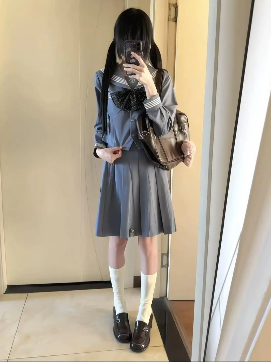 

Waterdrop Bear Blue Mid-Sleeve Uniform Set Women's Gingham Skirt Outfit College Style Jk School Uniform Long Sleeve Suit