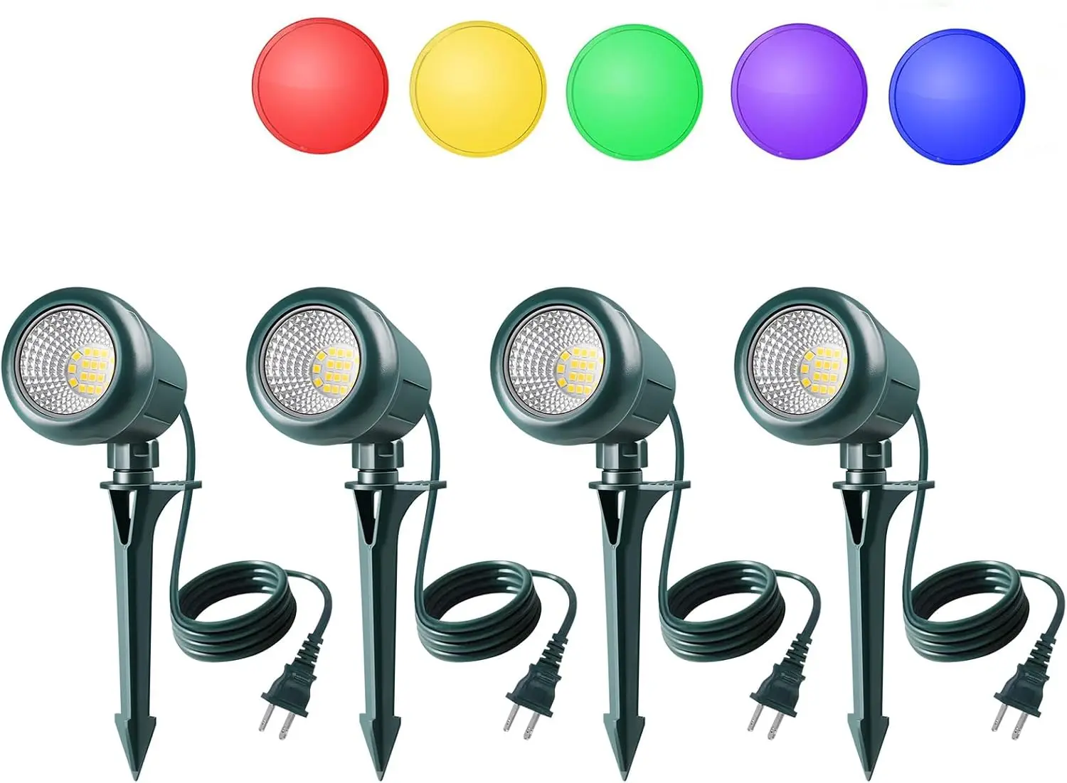 

Outdoor LED Spotlights with 5 Color Lenses, IP67 Waterproof, 120V Plug-in for Christmas and Halloween, 4 Pack