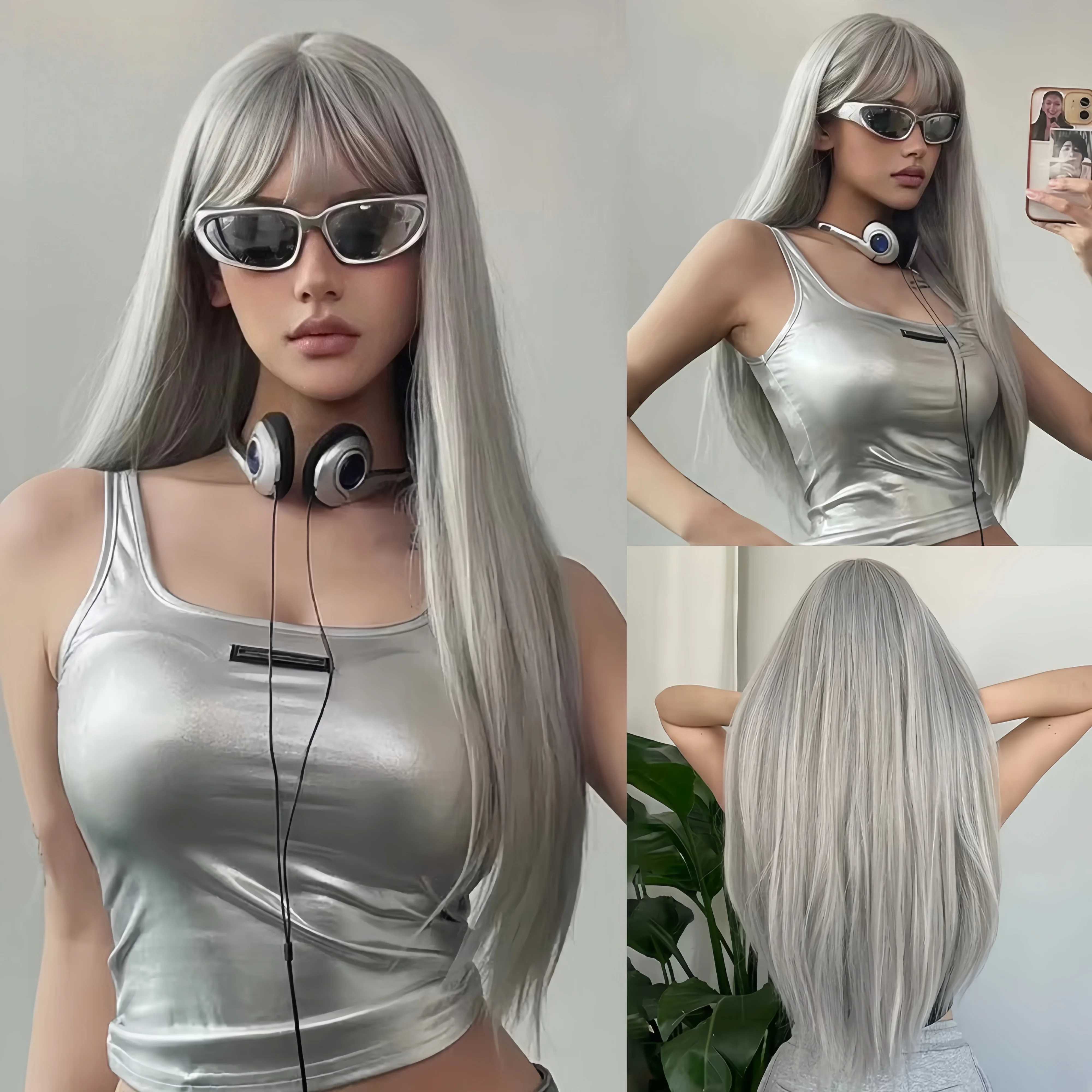 Rosa lange, glatte Kunsthaarperücke für Halloween-Partys, Cosplay-Perücke für den täglichen Gebrauch, hitzebeständiges Haar-Accessoire-Perücken-Set – Detail 7