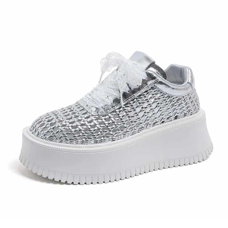 

7CM Women's Running Shoes Spring Summer Solid Color Fashion Shoes Platform Hot Sale Casual Sneakers Breathable Lace-Up Shoes