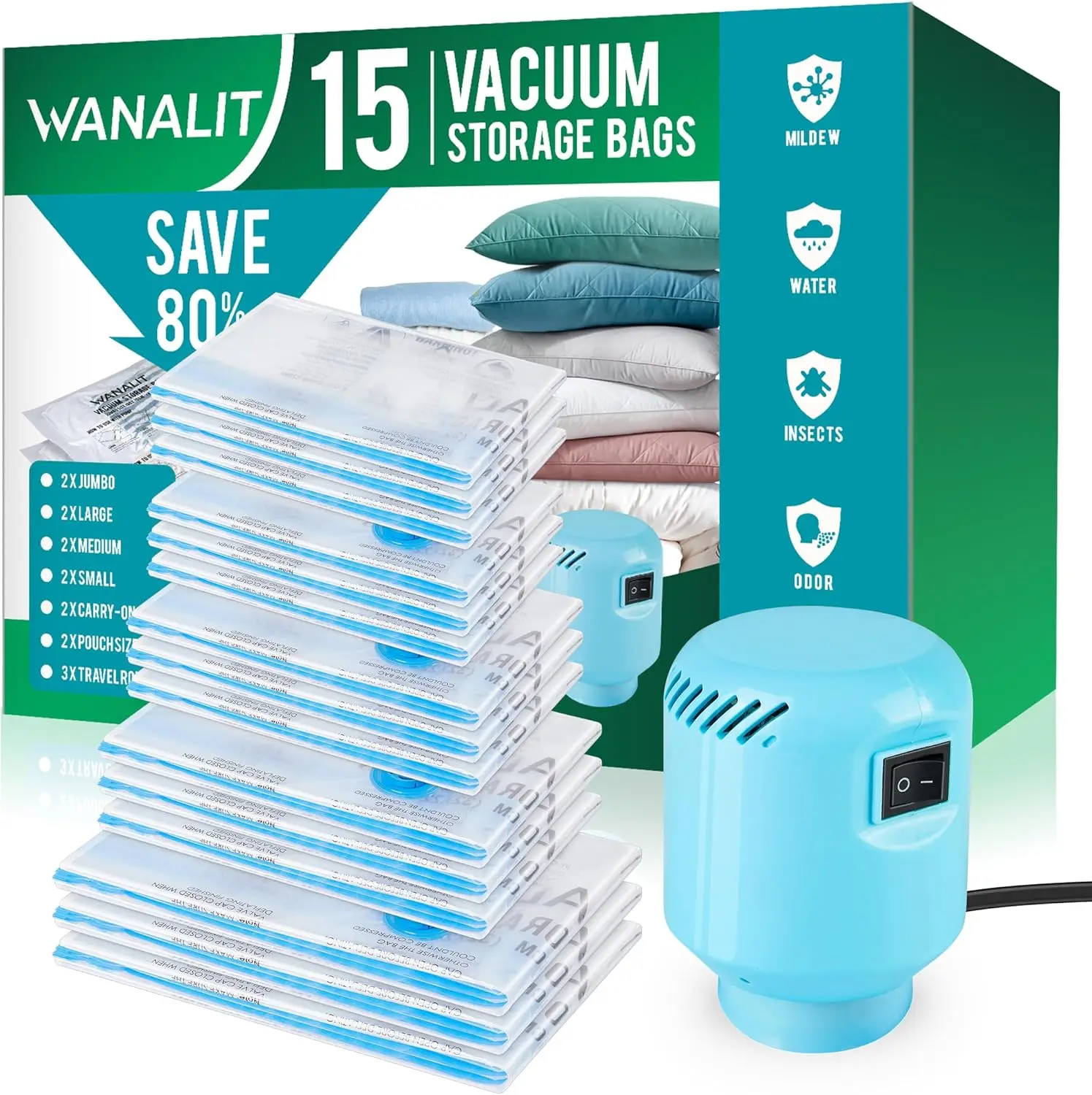 

Electric Air Pump Vacuum Storage Bags, 15 Pack Space Saving Compression Bags for Clothes, Blankets, Pillows, Travel