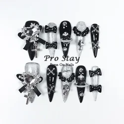 10pcs Dark black Y2k Hot Girl Handmade Press On Nails Sweet Cool  With Diamond Metal Decoration Wearable Artificial False Nail