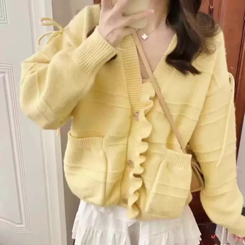 Autumn New Yellow Sweater Lovely Bow V-neck Cardigan Jacket Cute Fungus Edge Single Breasted Coats Korean Sweet Women Loose Tops