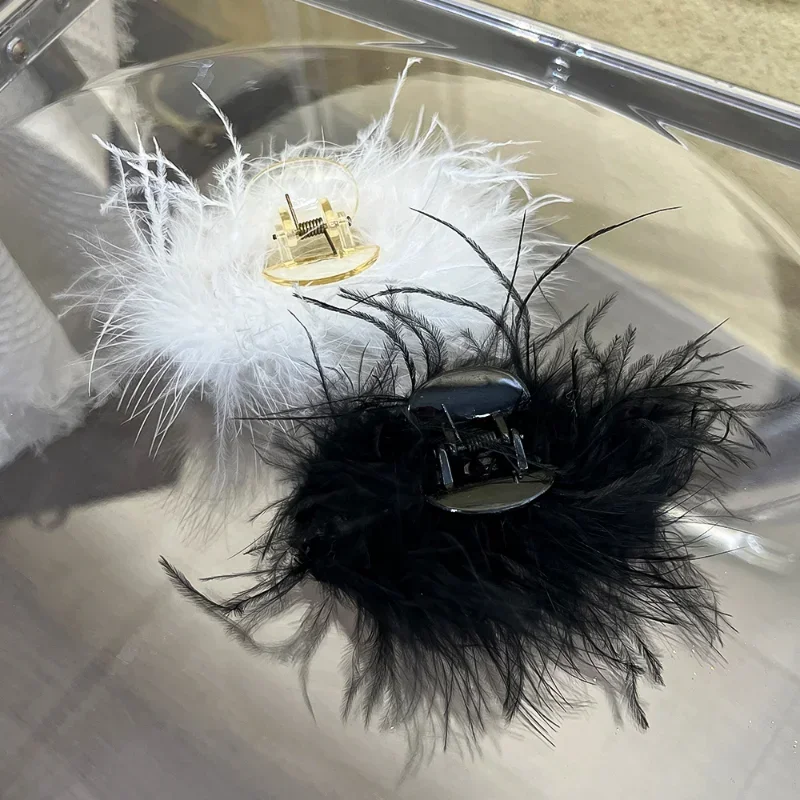 Fashion Ostrich Feather Hair Clip Black White Women Winter Large Shark Hair Claw Headwear Girl Korean Hair Accessories