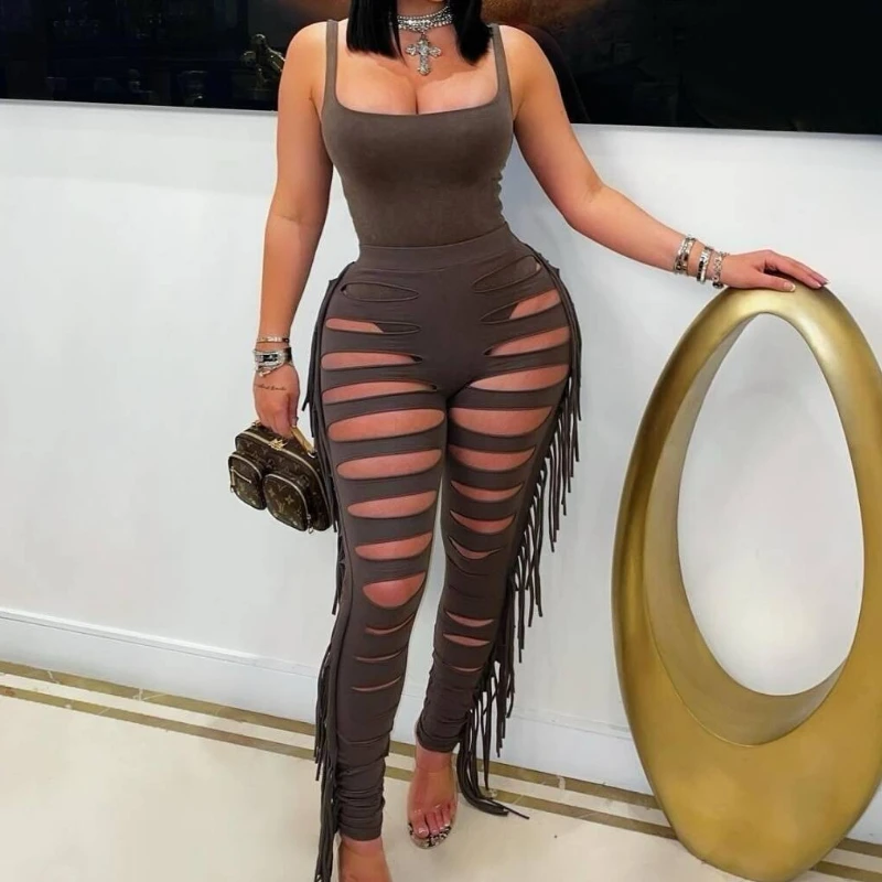 

Women's Sexy Solid Color Summer Sleeveless Skinny Bodysuit Tops and High Waist Tassels Decor Hollow Out Pants 2pcs Set Y2K 2025