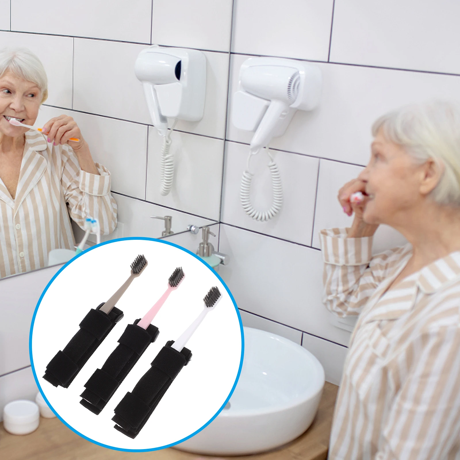 

Elderly Toothbrush with Hand Cuff Support Disabled Patient Brushing Aid Ergonomic Handle for Arthritis Sensitive Teeth Care