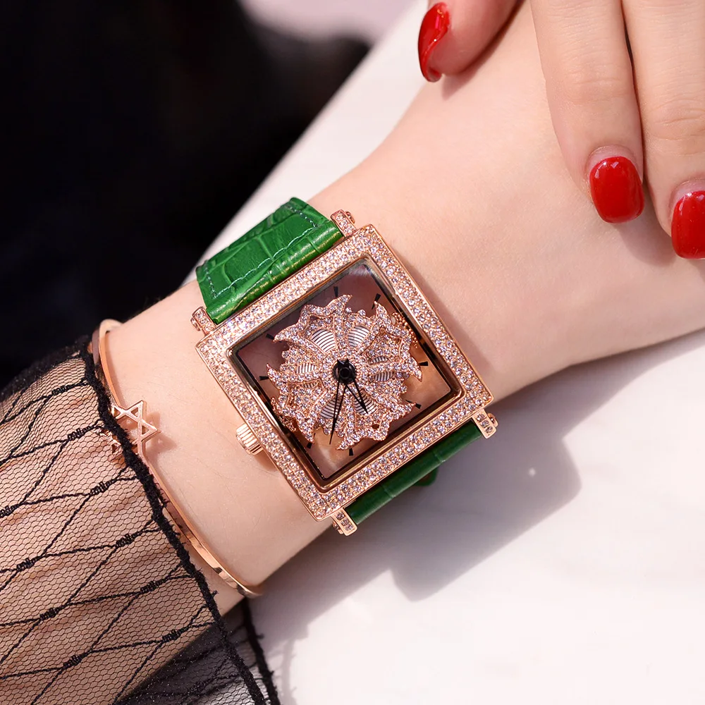 Luxury Brand Transparent Hollow Ladies Watch Spinning Diamond Face Fashion Rose Gold White Red Leather Quartz Watches for Women