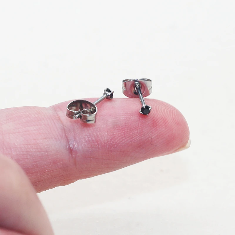 Mini Stainless Steel Cubic Black Zirconia Ear Studs Needle Hypoallergenic Push Back Earrings Cross-Border Best Seller