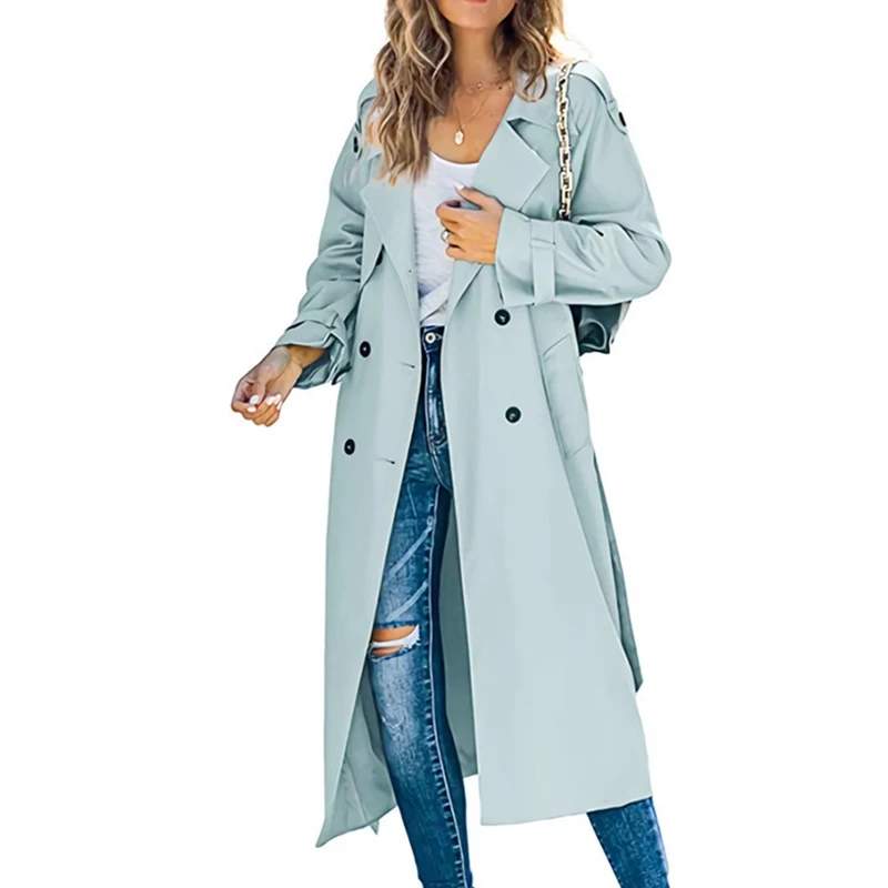 Fashion Korean Trench Coat for Women Solid Lapel Double Breasted Long Sleeves Jackets Winter Casual Oversized Tops Windbreaker