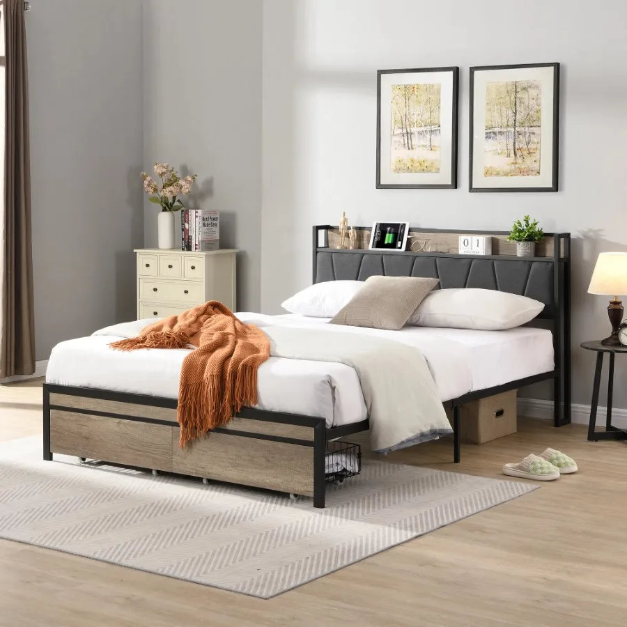 FULL Size Metal Platform Bed Frame with upholstery storage function Headboard and USB LINER and Footboard with drawers No Box S