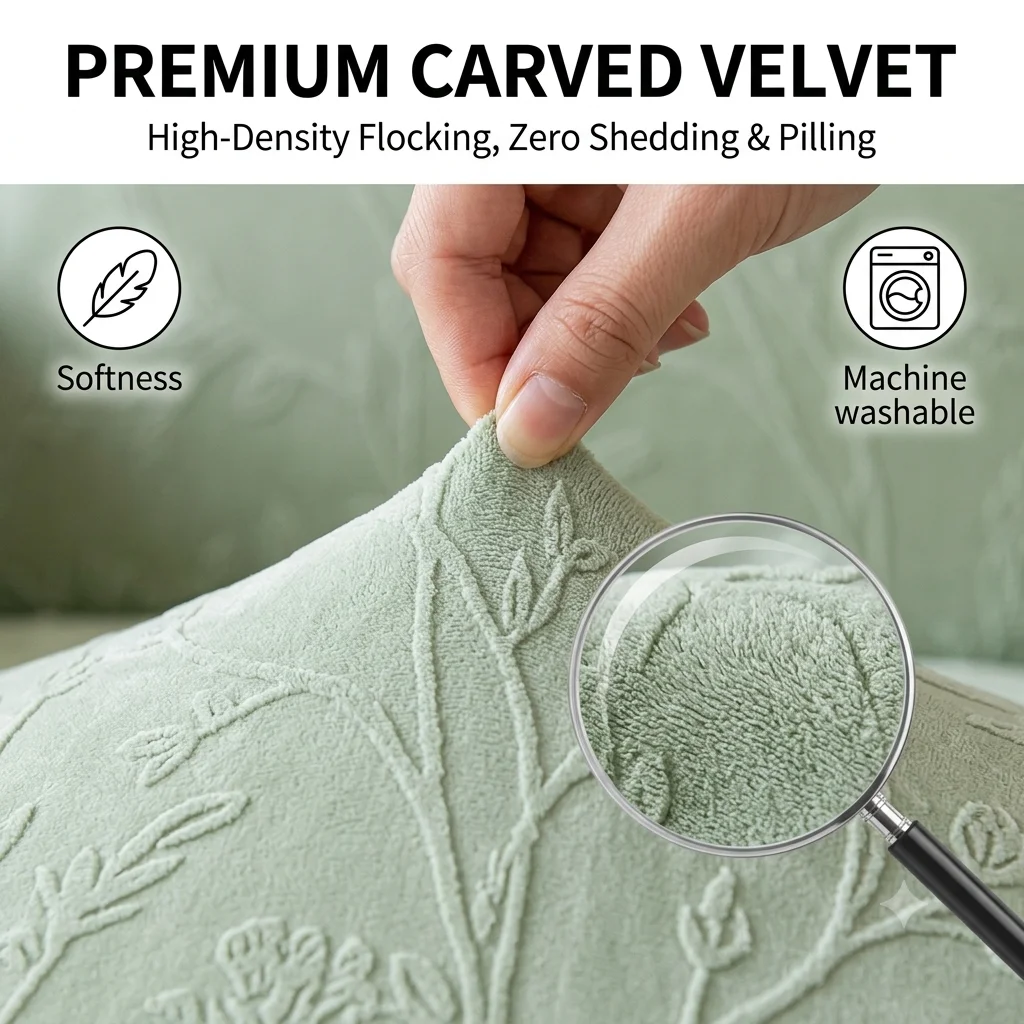 Thickened Carved Velvet Sofa Cover with Skirt Elegant Floral Jacquard Couch Cover Cat Scratch Resistant Dustproof Slipcover