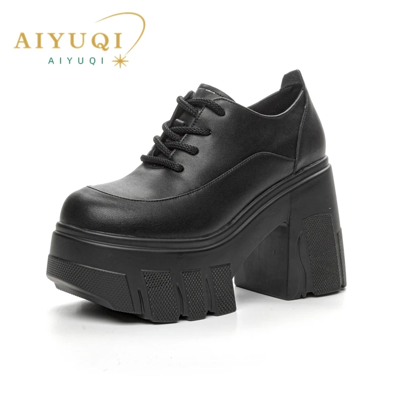 AIYUQI wysokie obcasy damskie 2024 nowe oryginalne skórzane sznurowane modne buty damskie 11cm obcasy platformy buty wiosenne damskie