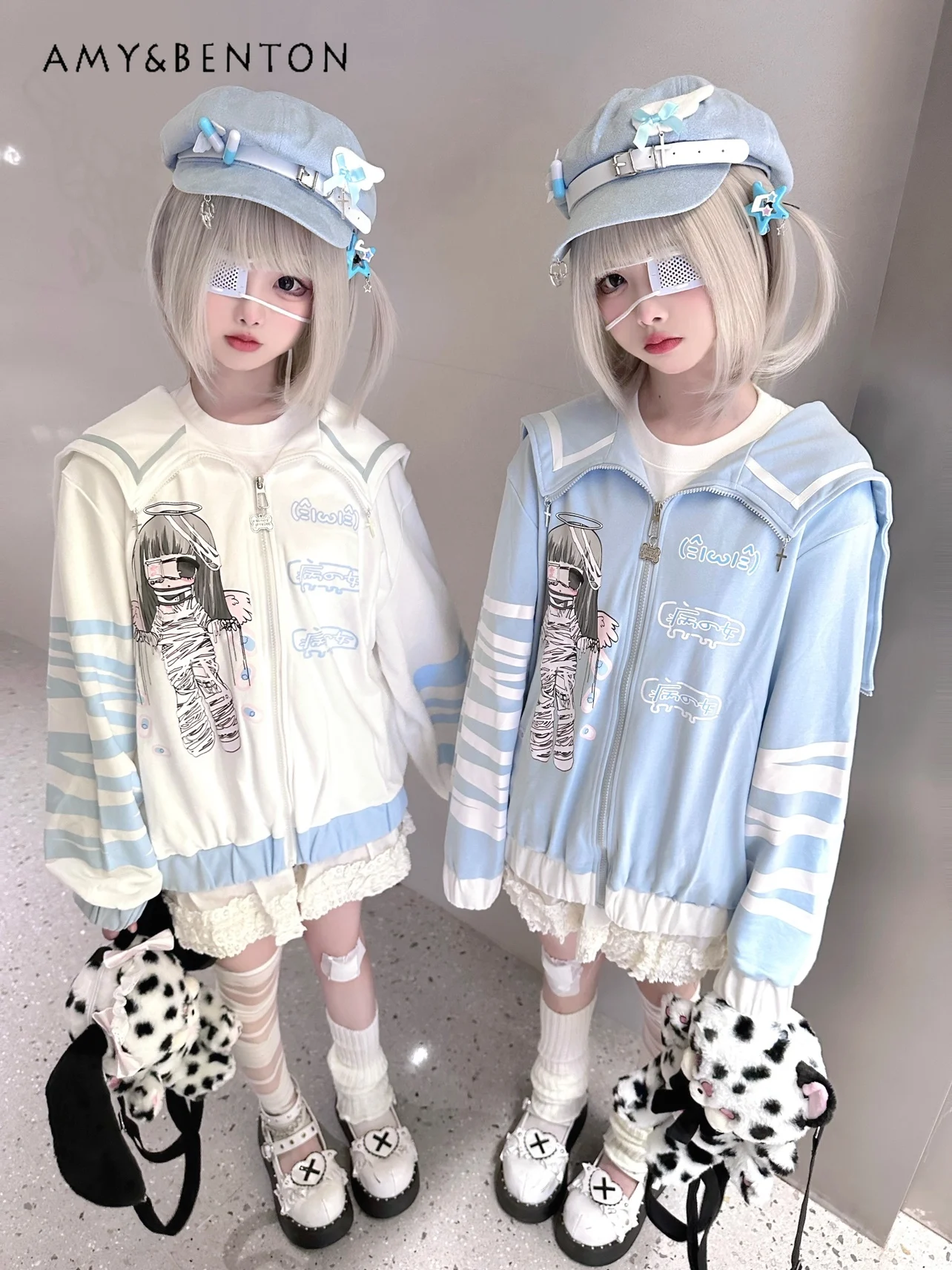 Harajuku Gothic Cartoon Print Anime Hoodie Mine 2D Sailor Collar Hoodies Women Autumn New Loose All-Match Y2k Zip Up Hoodie