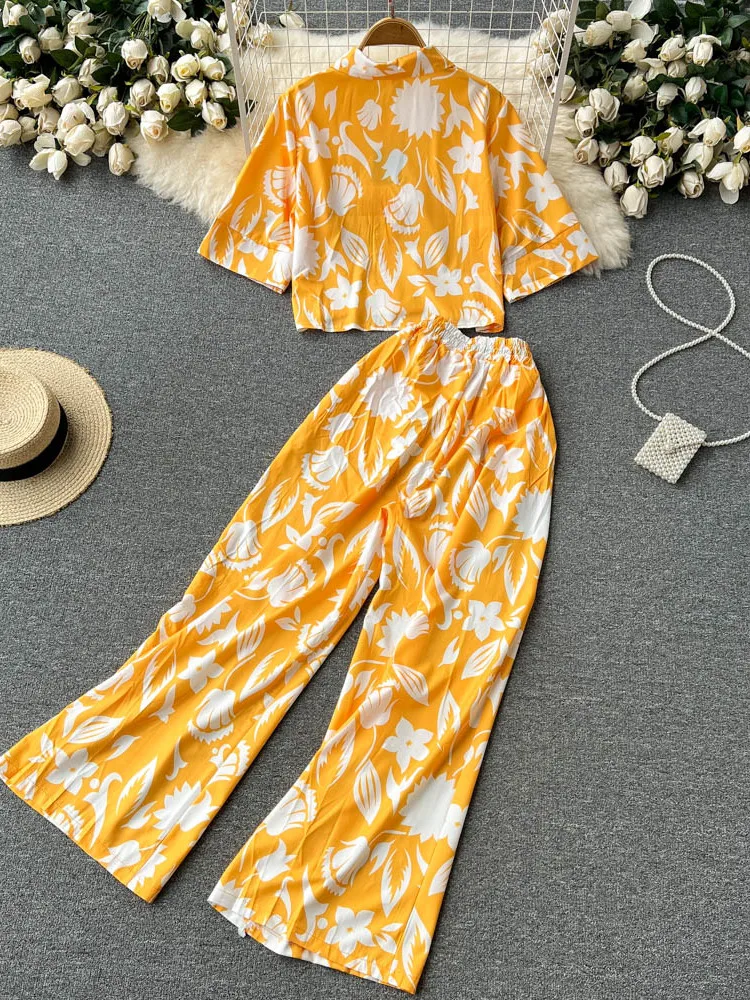 summer-floral-print-women's-short-pajama-sets-elastic-waist-comfortable-sleepwear-mid-length-dress-v-neckline-home-clothes