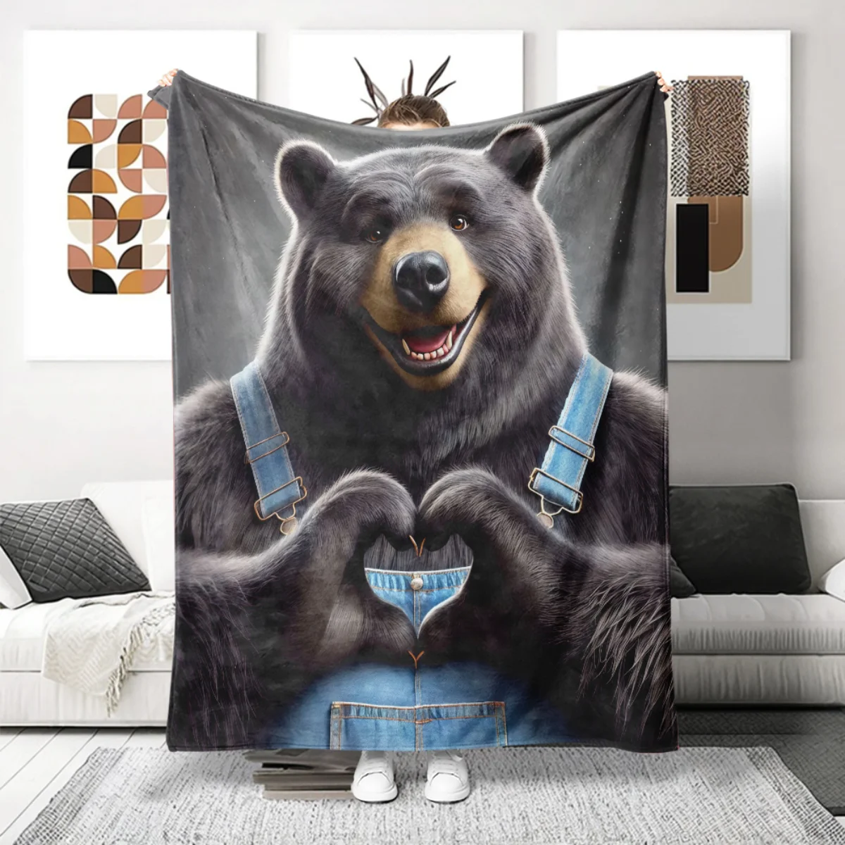 

Bear and Heart Pattern Flannel Blanket - Soft and warm, suitable for sofa, bed, camping, and as a holiday gift for boys and girl