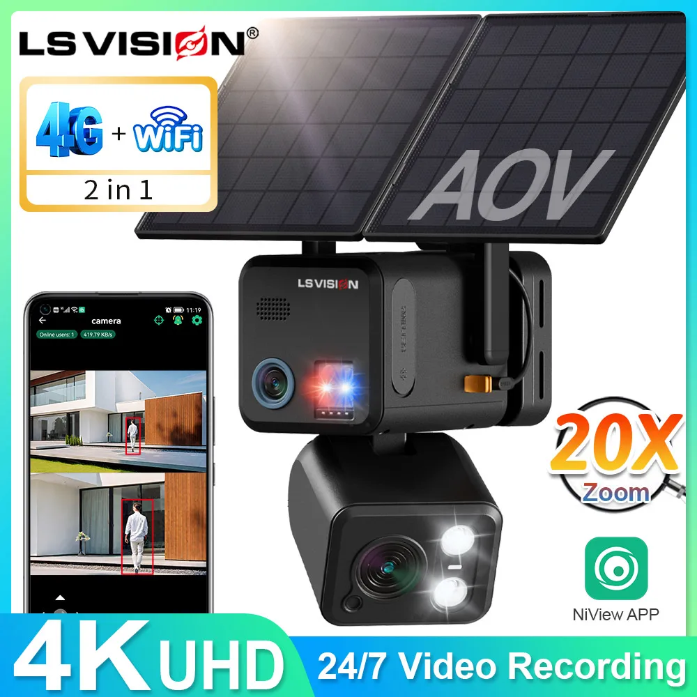 

LS VISION 4K PTZ-камера с двумя объективами и двумя экранами, 4G и Wi-Fi, режим 2-в-1, 20-кратный зум, на солнечной батарее, с автоматическим отслеживанием человека
