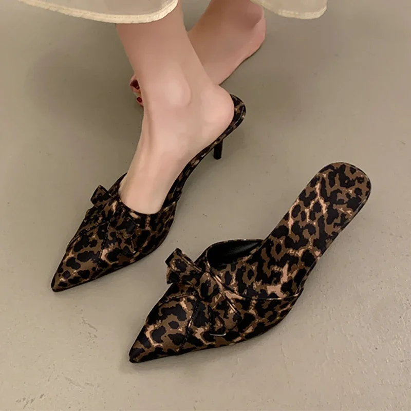 

2025 New European and American High Quality Women Shoes Bow Knot Leopard Print High Heel Slippers Women Slippers Plus Size 42 41