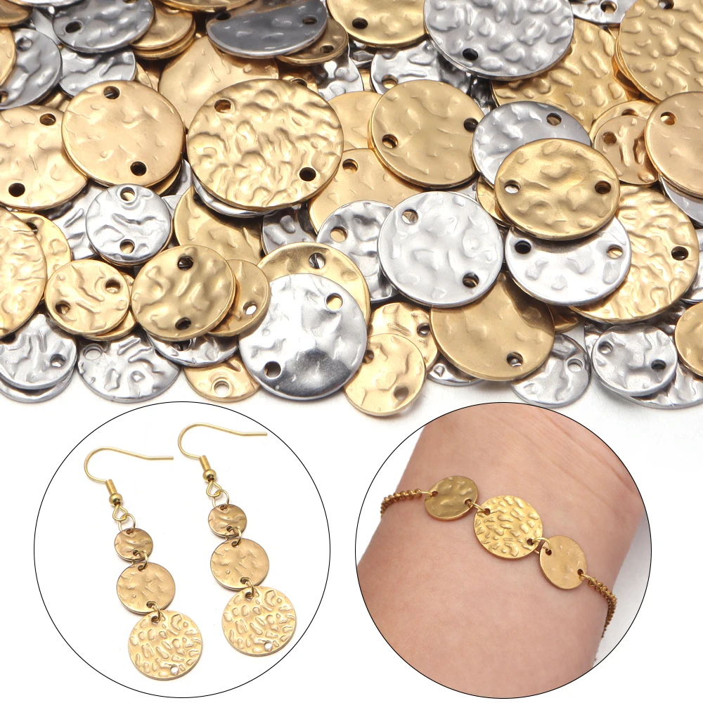 10pcs Stainless Steel Double Hole Textured Round Disc Flat Coin Charms For Bracelet Earrings Conectors Jewelry Making Supplies