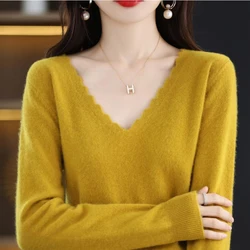 Womens Sweater Spring Autumn V-neck Long Sleeve Knit Tops Fashion Korean Jumper Warm Bottoming Shirt Basic Pullover Knitwears