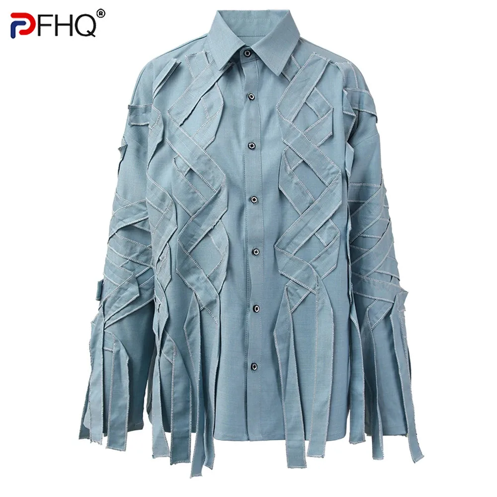 PFHQ Autumn Men\'s Lockdown Long Sleeved Shirts Thin Niche Design Casual Lapel Solid Color Breathable Sports Loose Tops 21Z1905