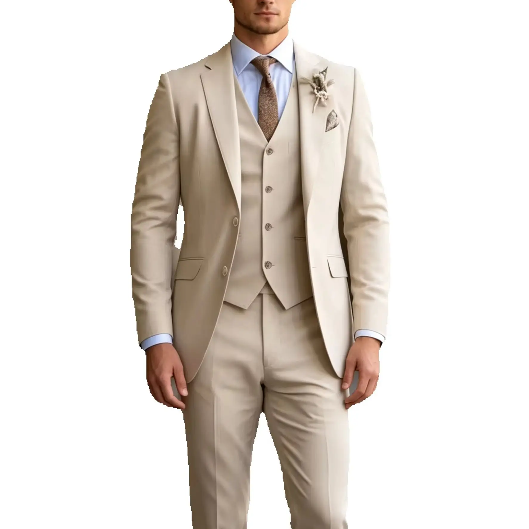

New Khaki Men's Suits 3 Pieces Groom Tuxedos Slim Fit Wedding Prom Party Tuxedo Formal Events Dress Suit(Blazer+Pants+Vest)