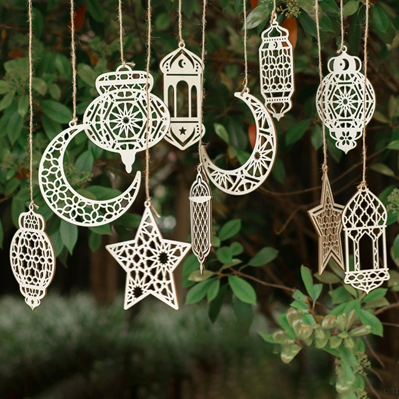 Eid Mubarak Wooden Hanging Signs Ramadan Kareem Hollow Hanging Ornaments Moon Star Shaped Tree Pendant Islamic Muslim Home Decor